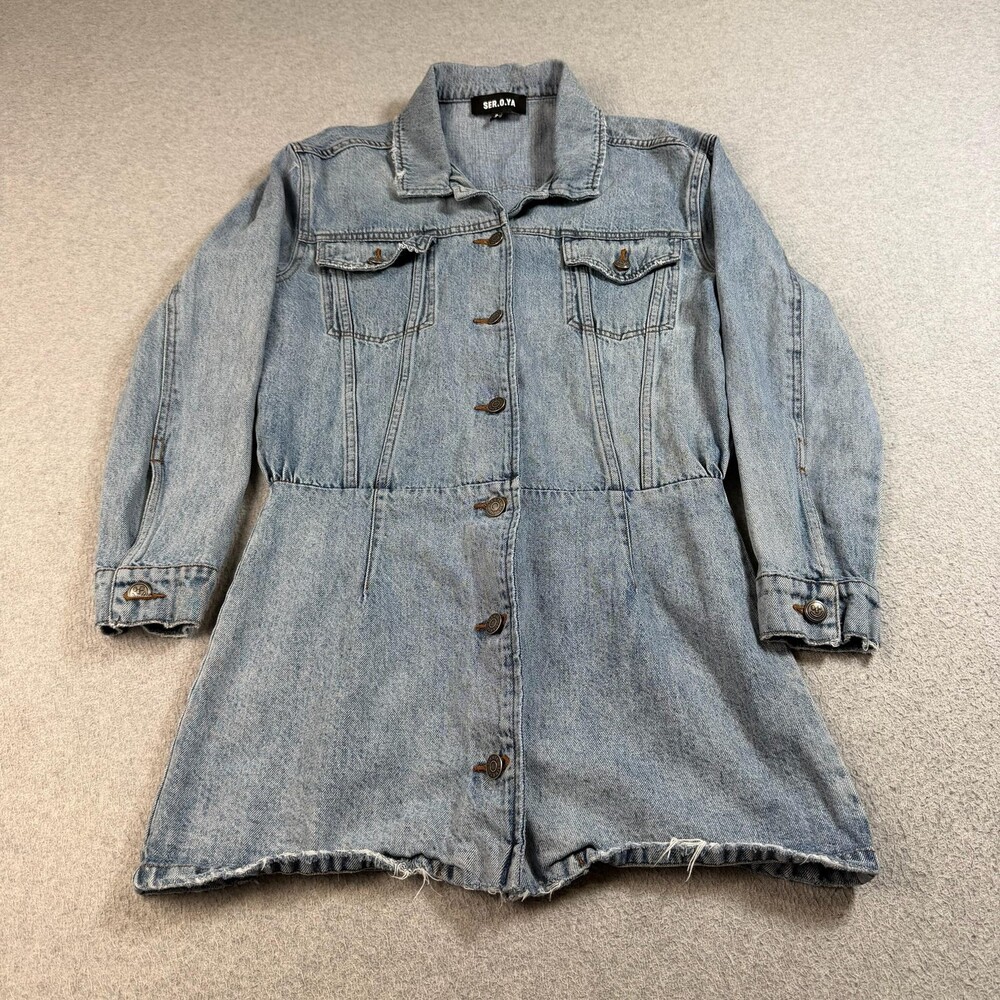 SER.O.YA Denim Shirt Dress Women Small Blue Long Sleeve Button Front Raw Hem Y2K